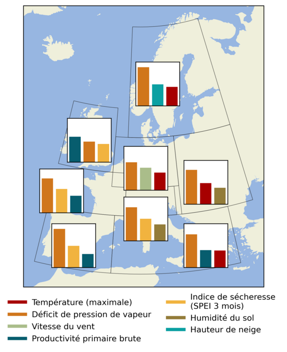 Carte de l’Europe avec plusieurs graphiques indiquant la température (max.), le déficit de pression de vapeur, la vitesse du vent, la production primaire brute, le SPEI (3 mois), l’humidité du sol et l’épaisseur de la neige.