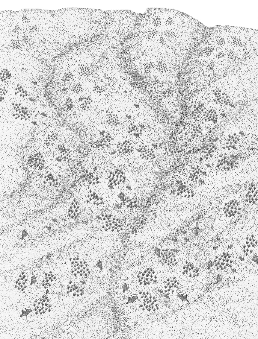 Landschaft mit Hügeln und verstreuten Bäumen, dargestellt in feiner Punkttechnik
